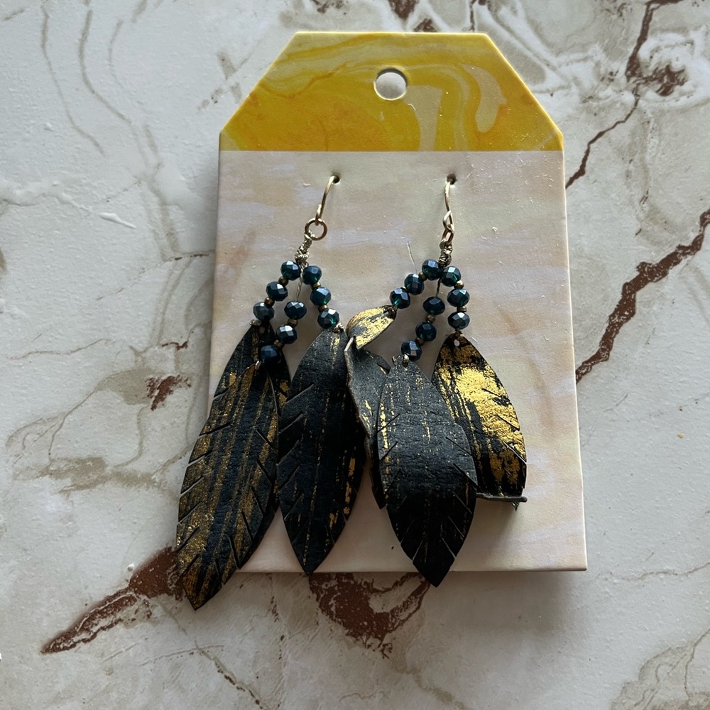 Boutique Beaded Faux Leather Leaf Stamp Tassel Earrings in Navy Blue with Gold
